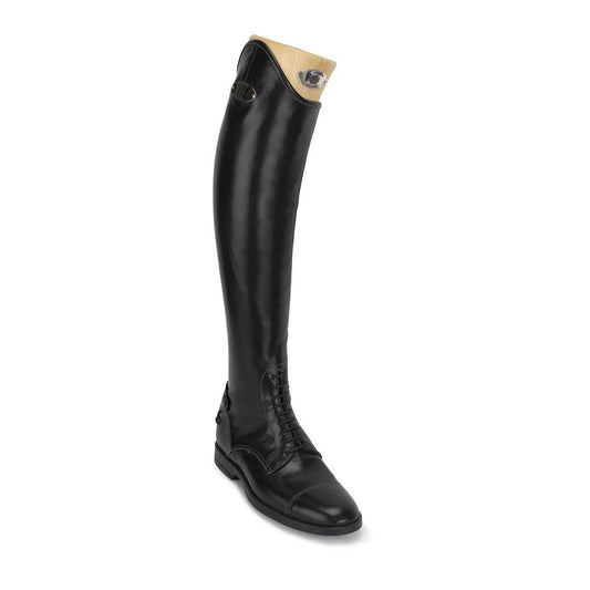 Angled view of black leather riding boot