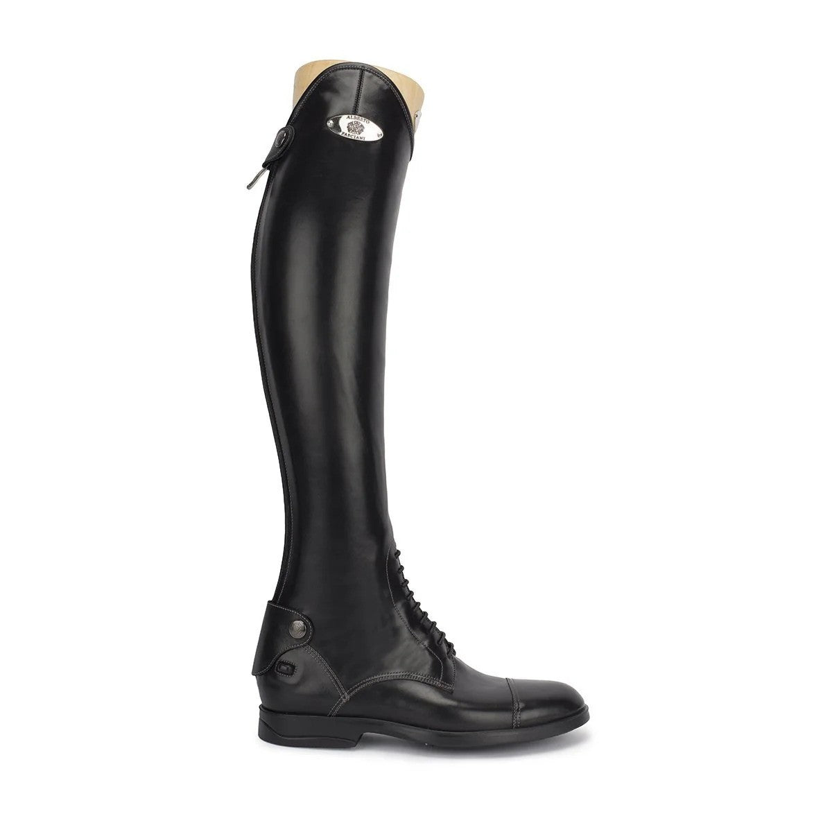 Side view of black leather riding boot