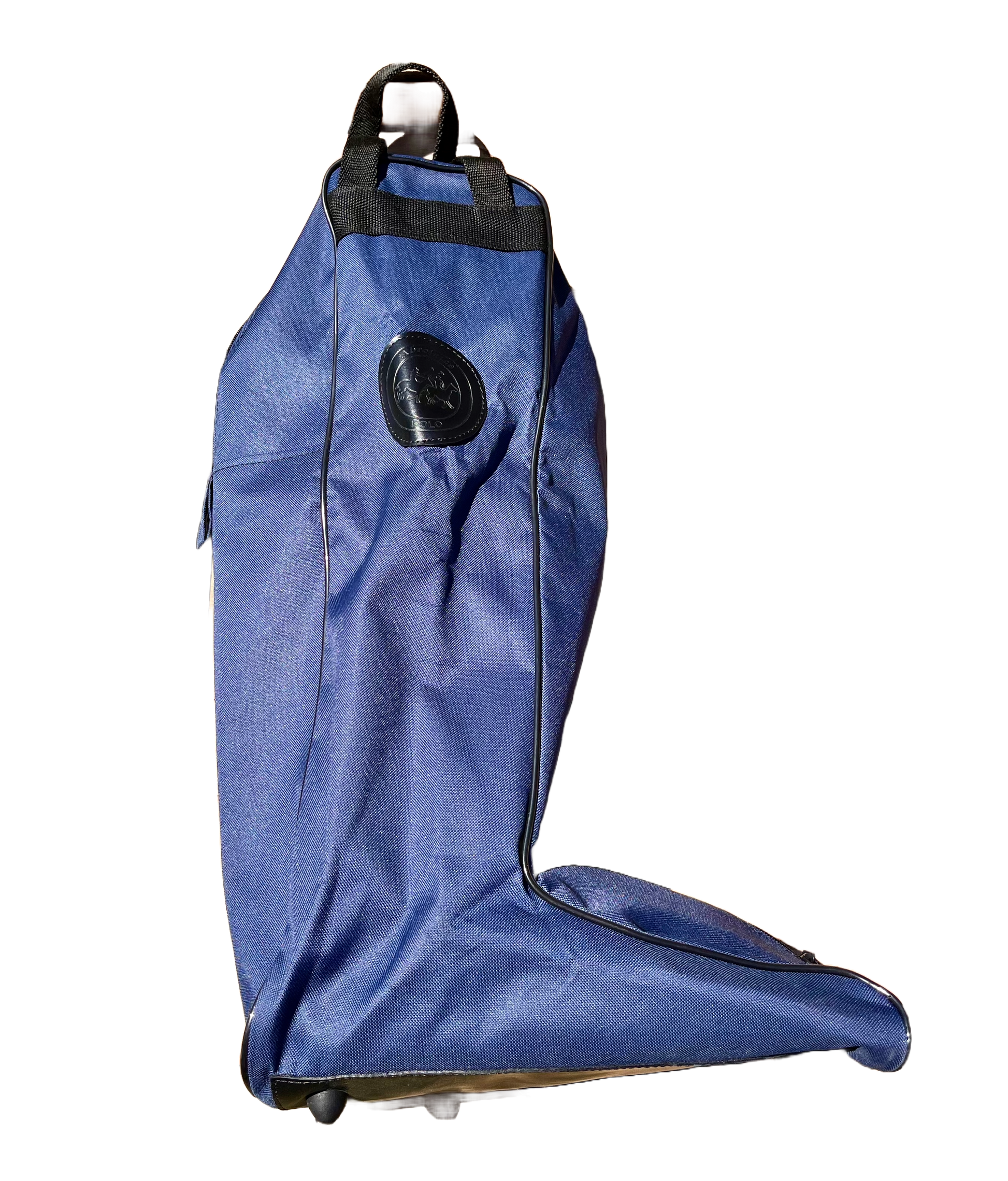 Side view of navy boot bag with logo