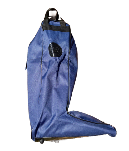 Side view of navy boot bag with logo