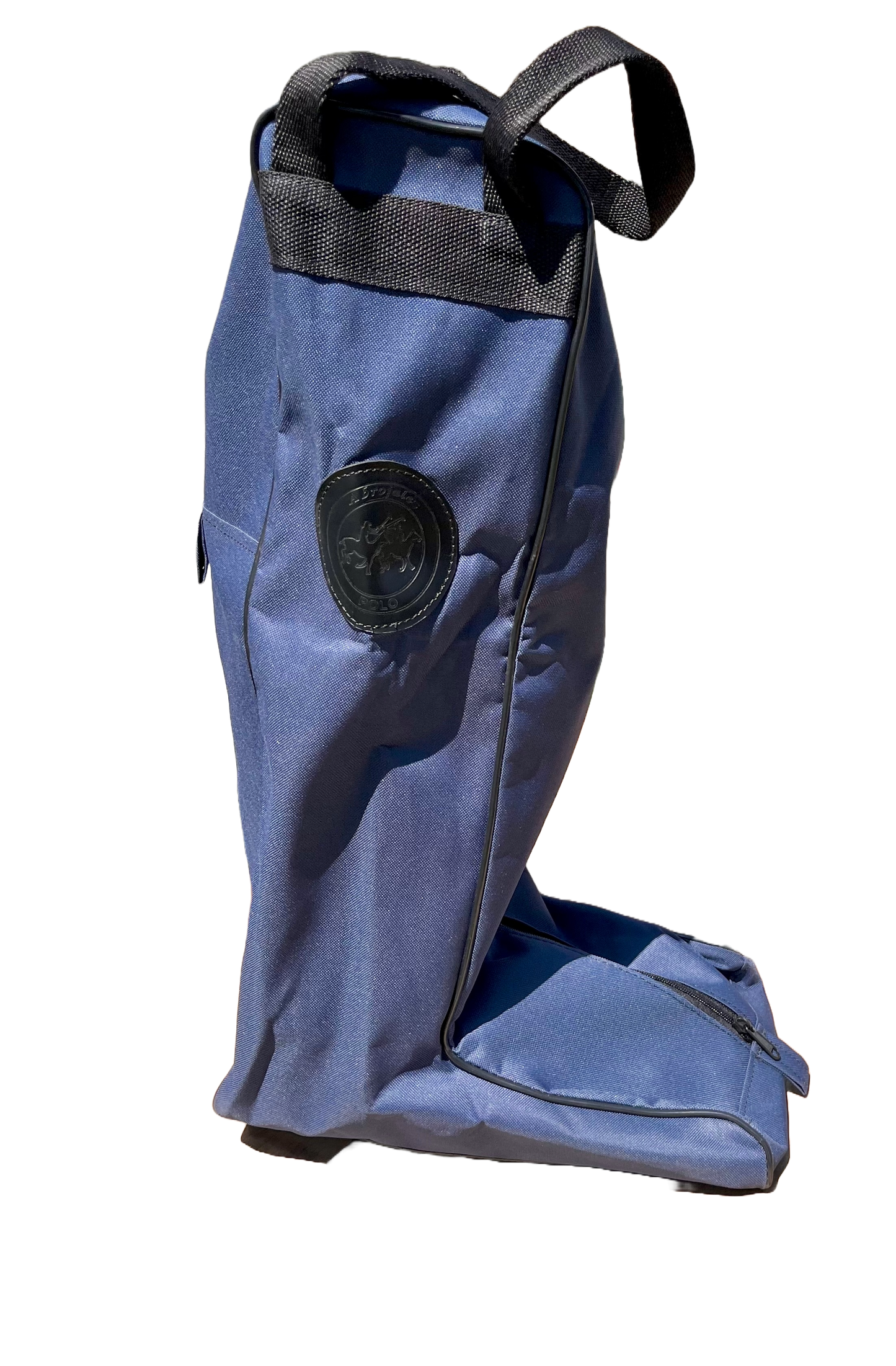 Side view of navy boot bag with logo