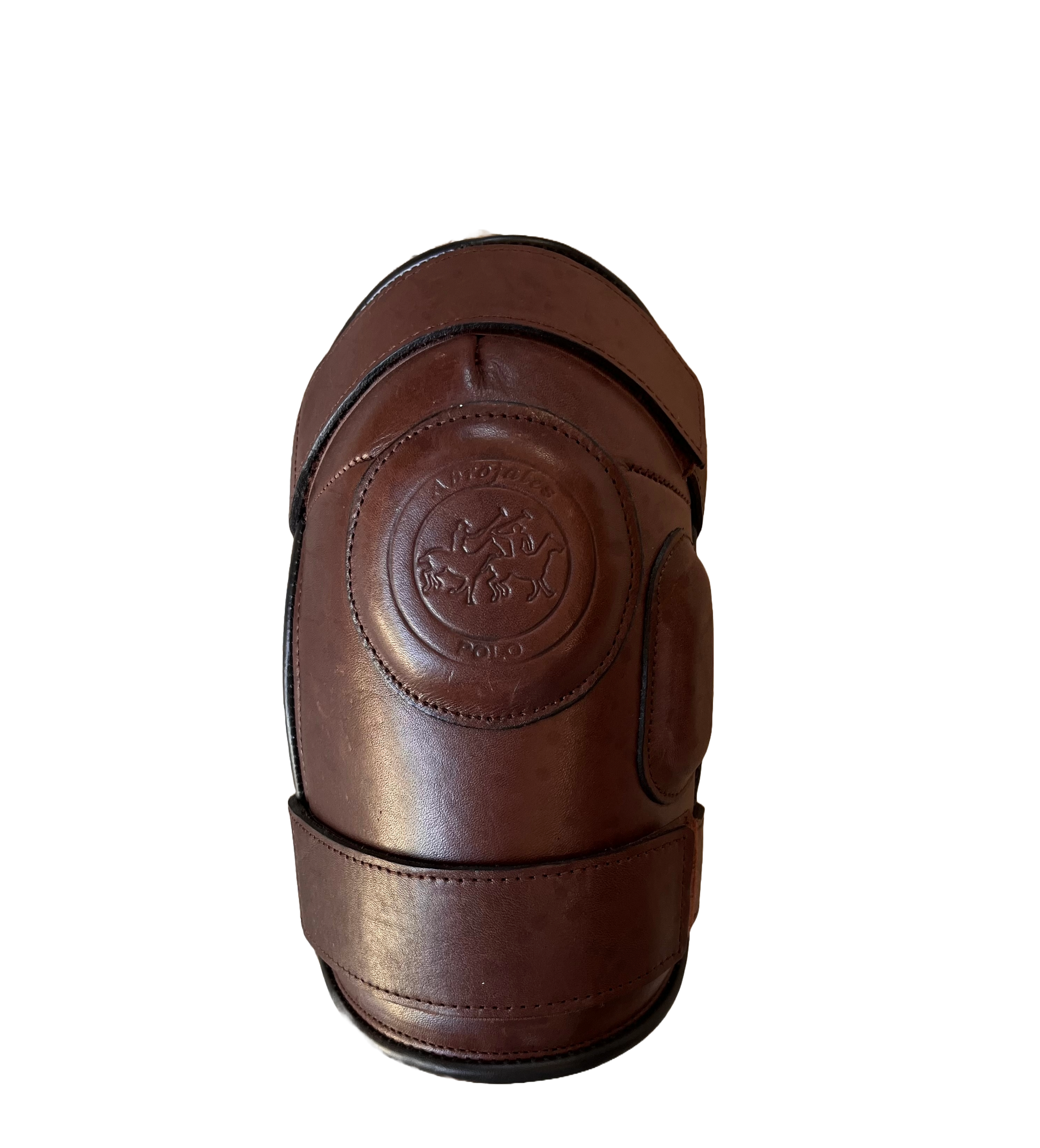 Front view of leather knee guard with logo