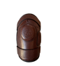 Front view of leather knee guard with logo