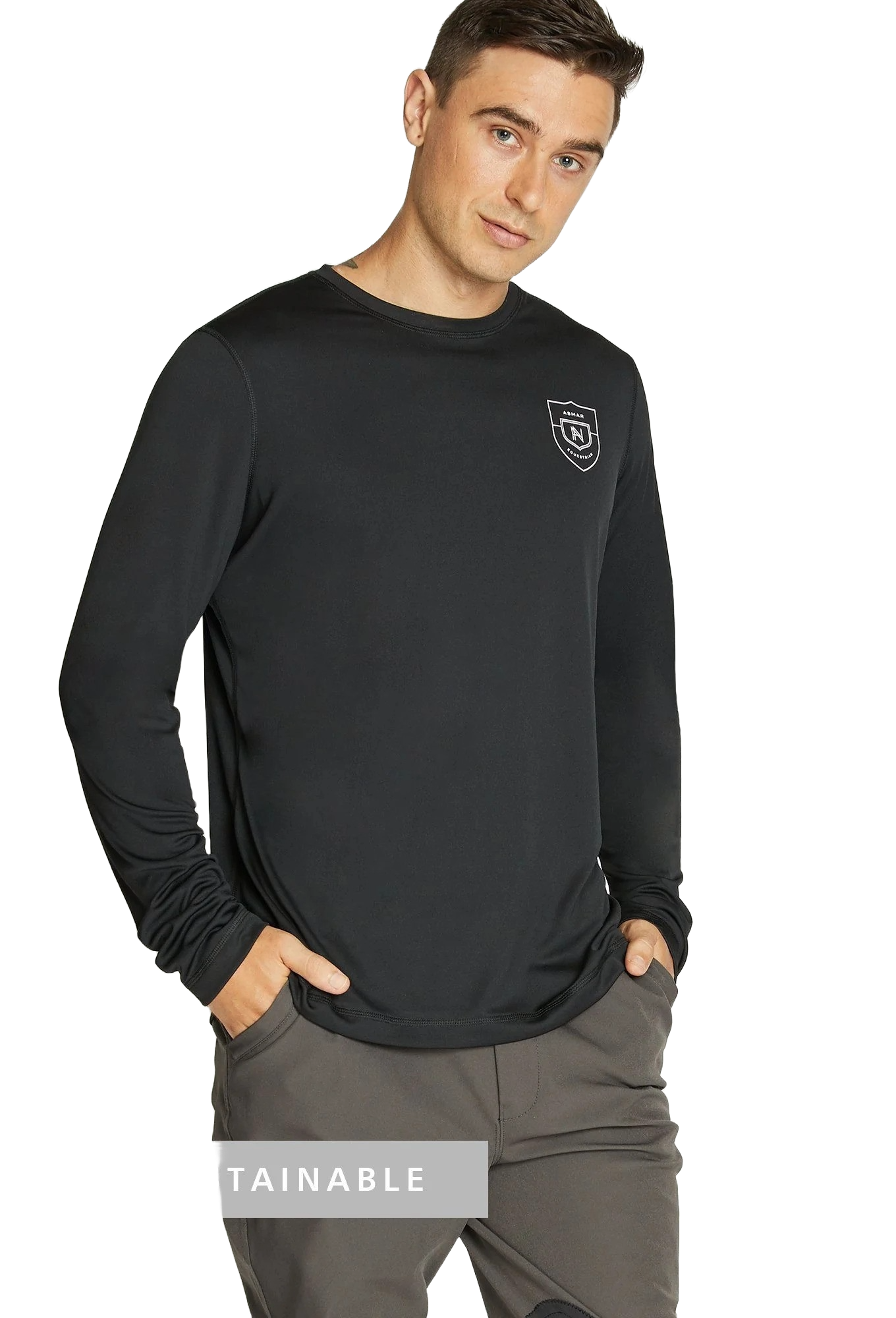 Model in black long-sleeve training shirt