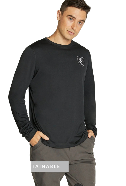 Model in black long-sleeve training shirt