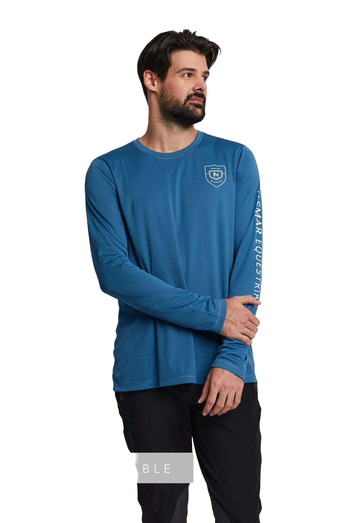 Model in blue long-sleeve training shirt