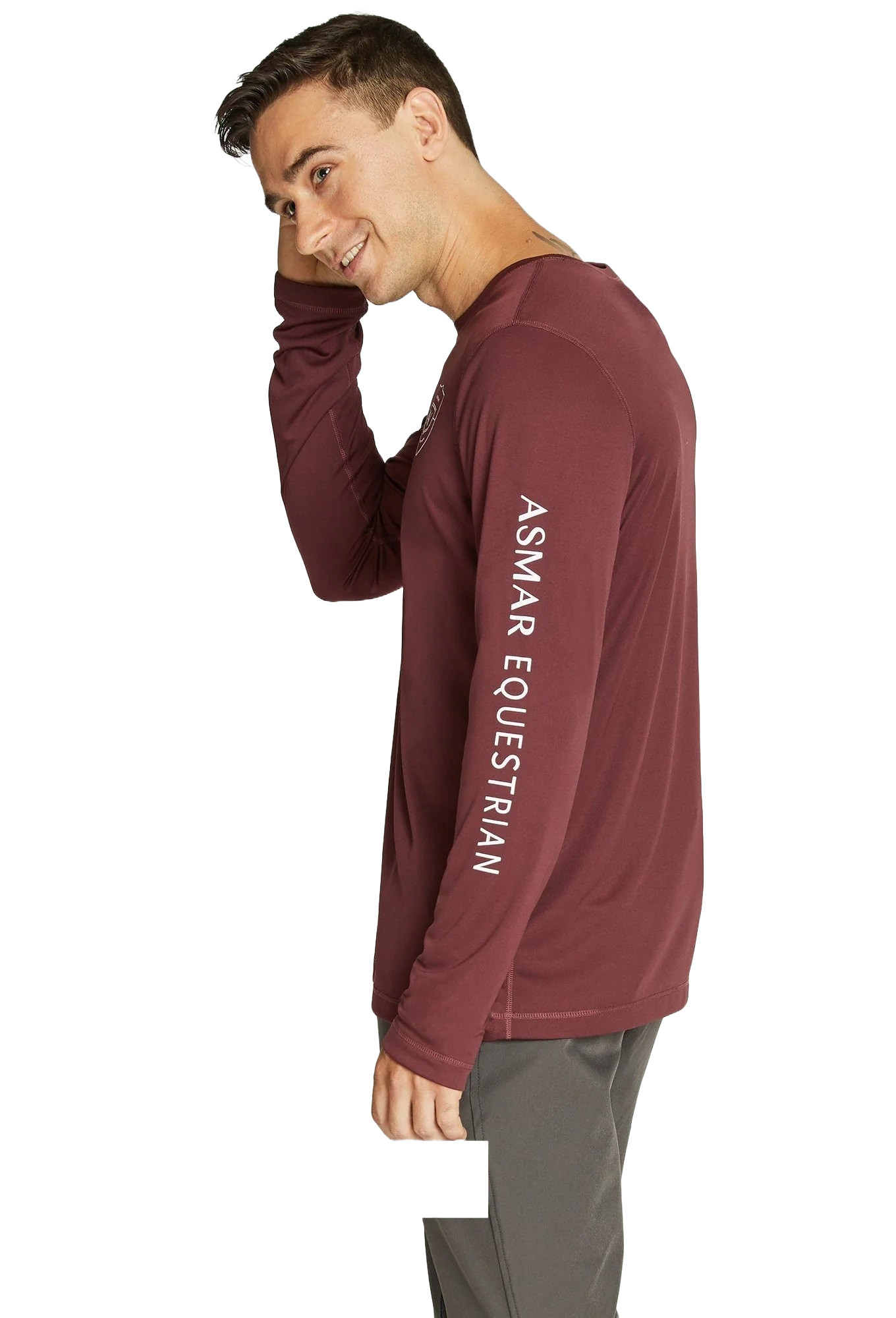 Model in maroon long-sleeve training shirt