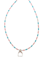 Necklace with pink, blue and clear beads and stirrup charm