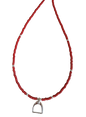 Necklace with red and silver beads and stirrup charm