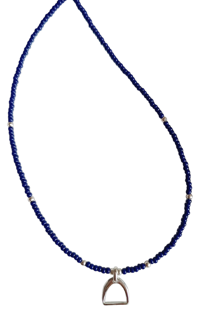 Necklace with blue and silver beads and stirrup charm