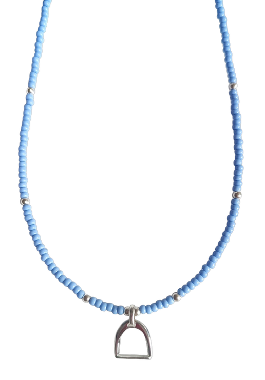 Necklace with baby blue and silver beads and stirrup charm