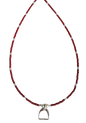 Necklace with red, silver and white beads and stirrup charm