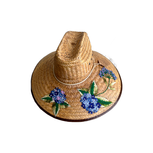 Woven hat with embroidered flowers