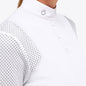 Model wearing white competition polo