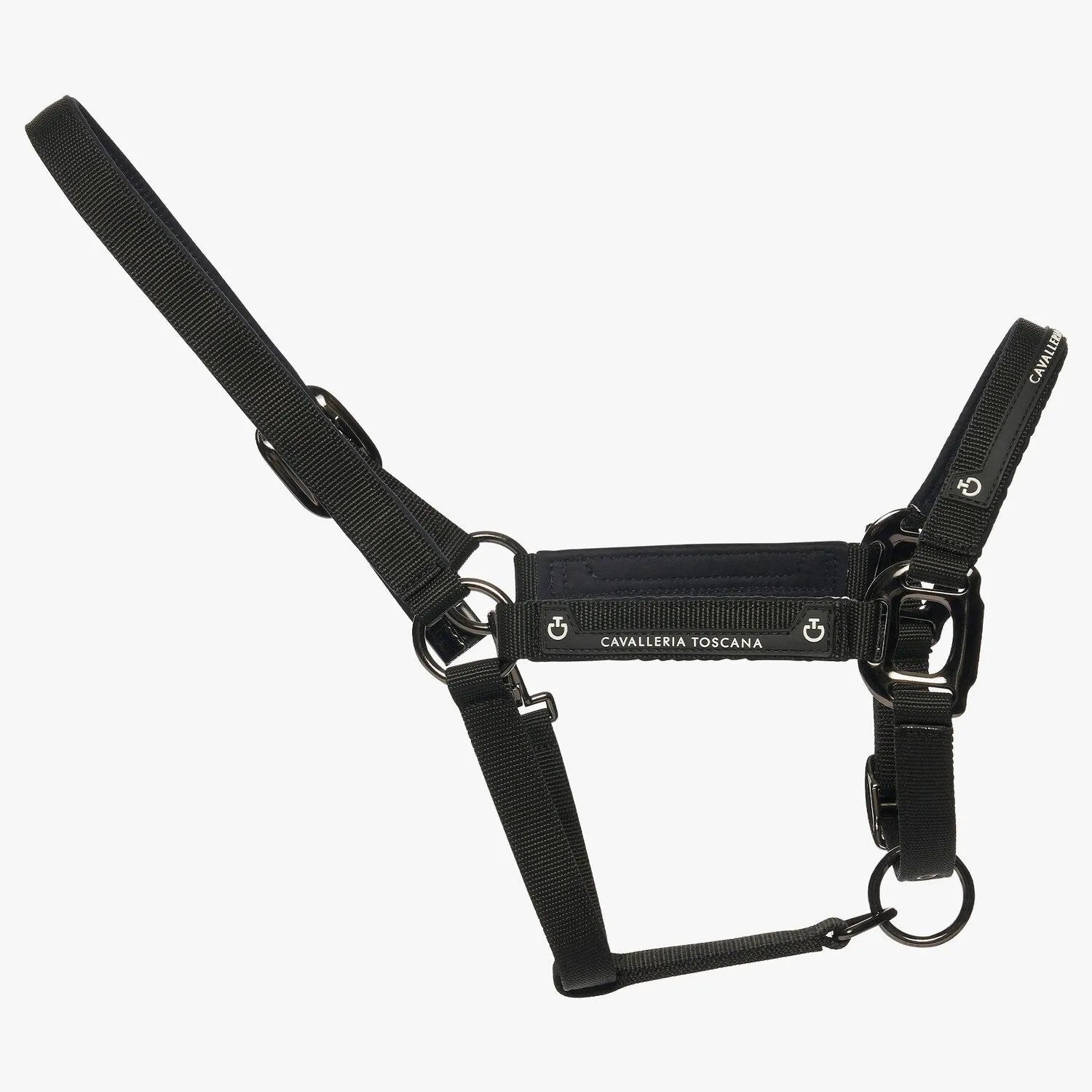 Adjustable black nylon halter with logo