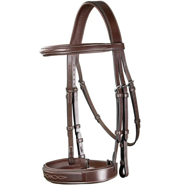 Brown leather bridle with wide nose and decorative stitching