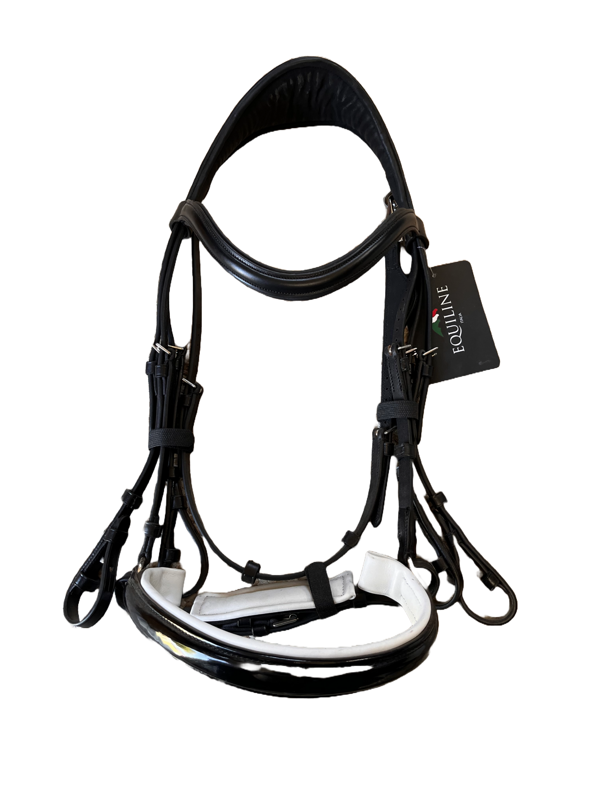 Front view of black leather bridle