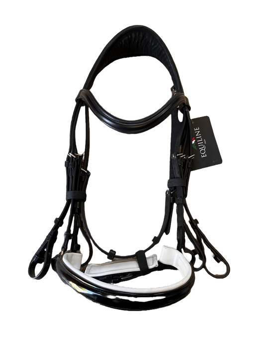 Front view of black leather bridle