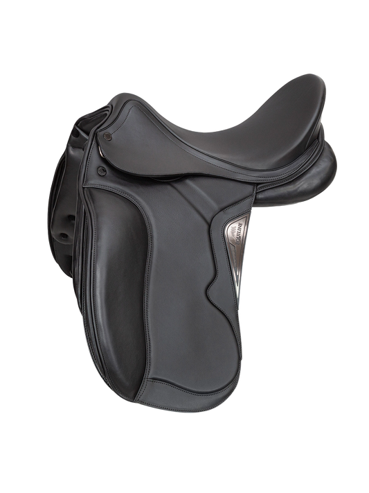 Black leather dressage saddle