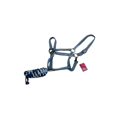 Blue and white halter with lead rope