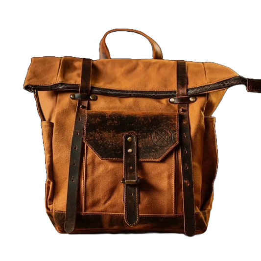 Canvas and leather zippered backpack