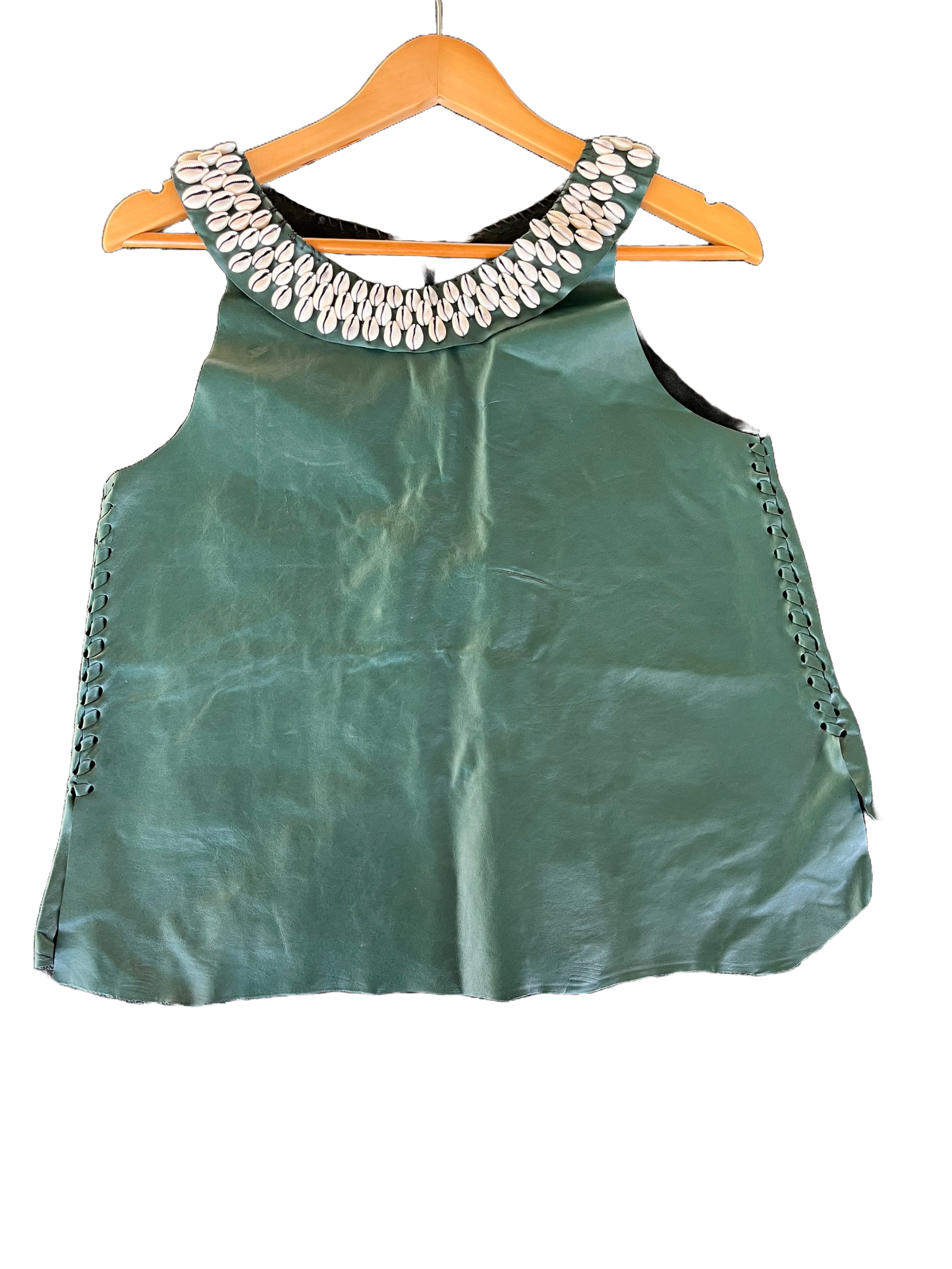 Front view of green leather shell top