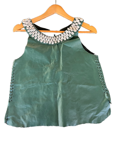 Front view of green leather shell top