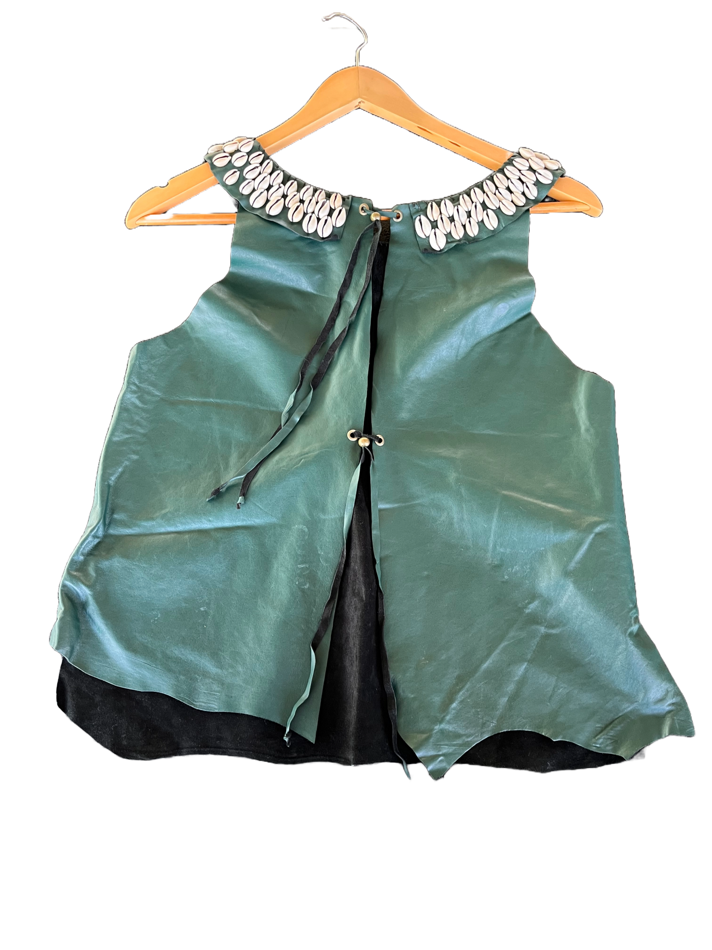 Rear view of green leather shell top