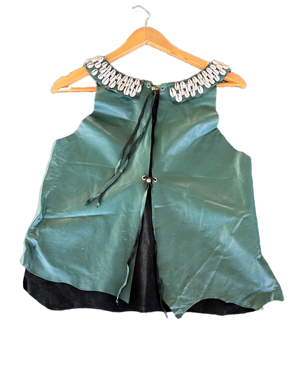 Rear view of green leather shell top