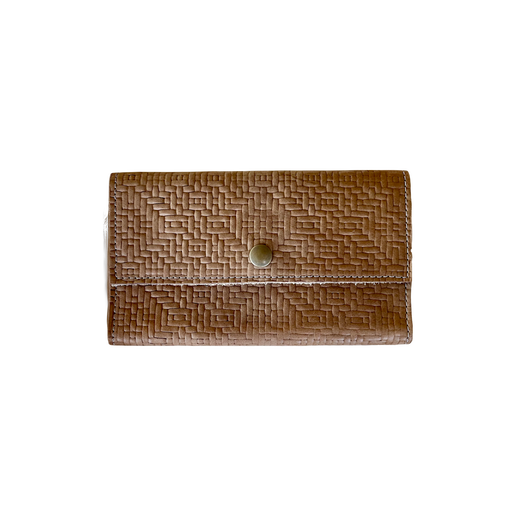 Front view of stamped tan leather wallet