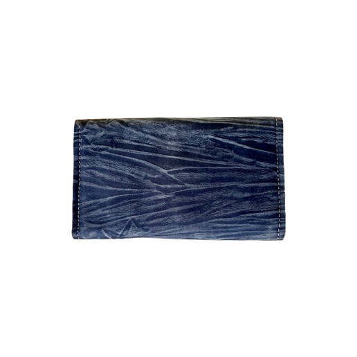 Rear view of blue and grey leather wallet