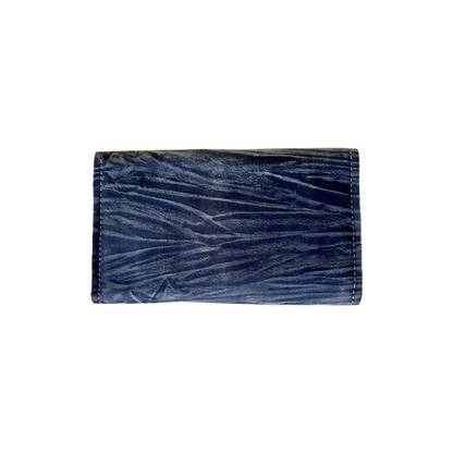 Rear view of blue and grey leather wallet