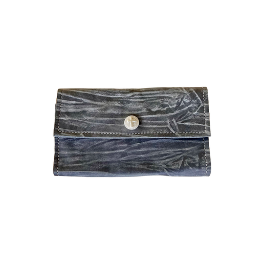 Front view of blue and grey leather wallet