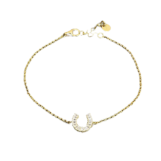 Close up of gold plated necklace with horseshoe charm