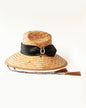 Woven hat with black silk ribbon and horseshoe charm