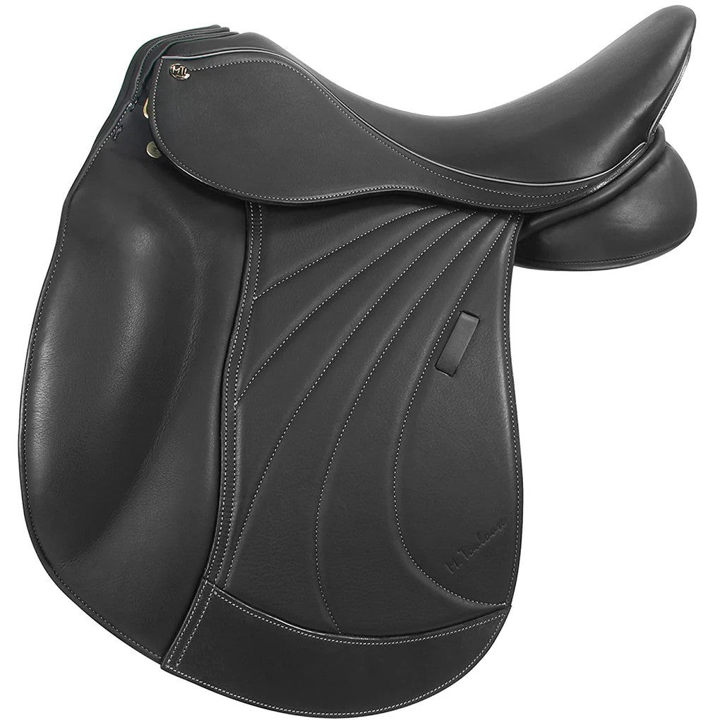 Black leather dressage saddle side view