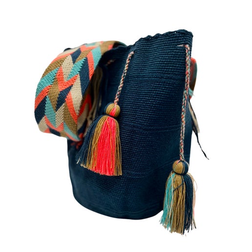 Woven bag in navy, teal, mustard and salmon