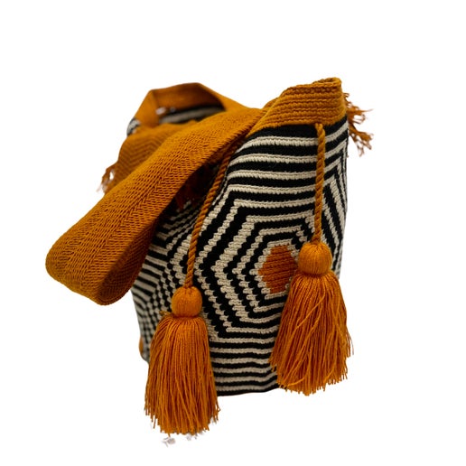 Woven bag in black and white with saffron accents