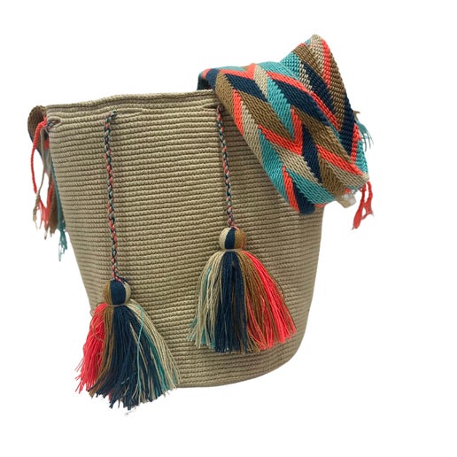 Woven bag in beige with brown, navy, teal and salmon accents