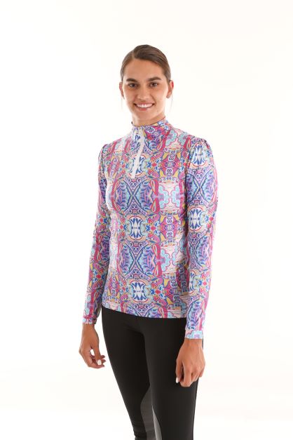 Model wearing colorful paisley sun shirt