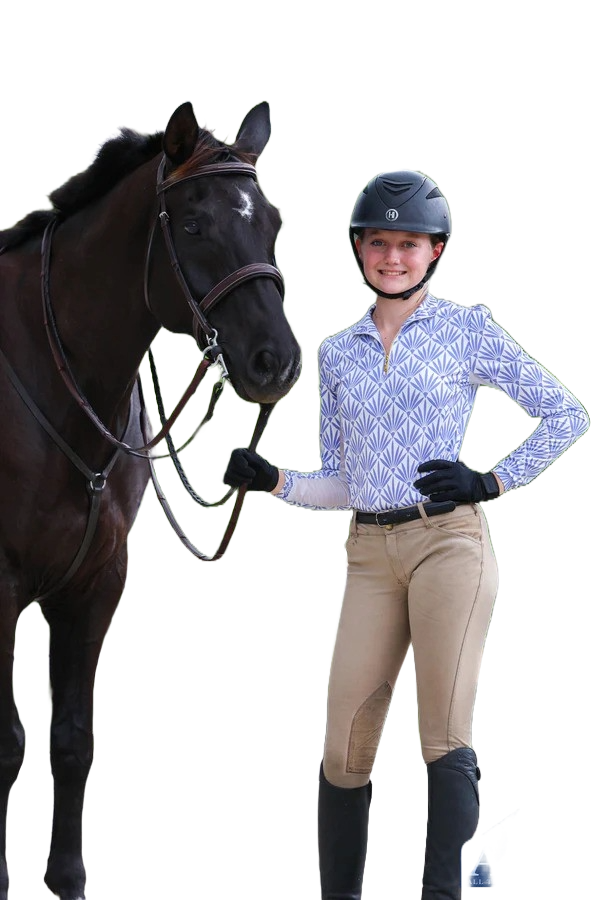 Model in white sun shirt with periwinkle palm leaf print