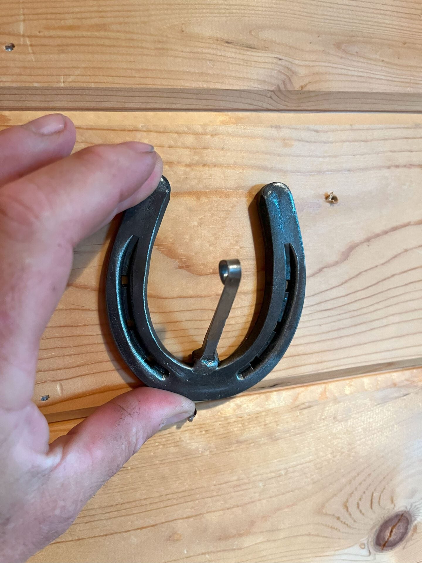 Wall hook made from a pony shoe and welded nail