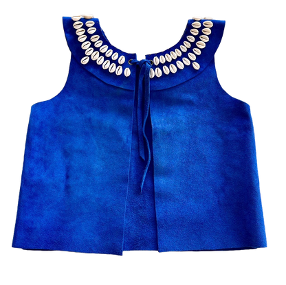 Rear view of royal blue leather and shell top