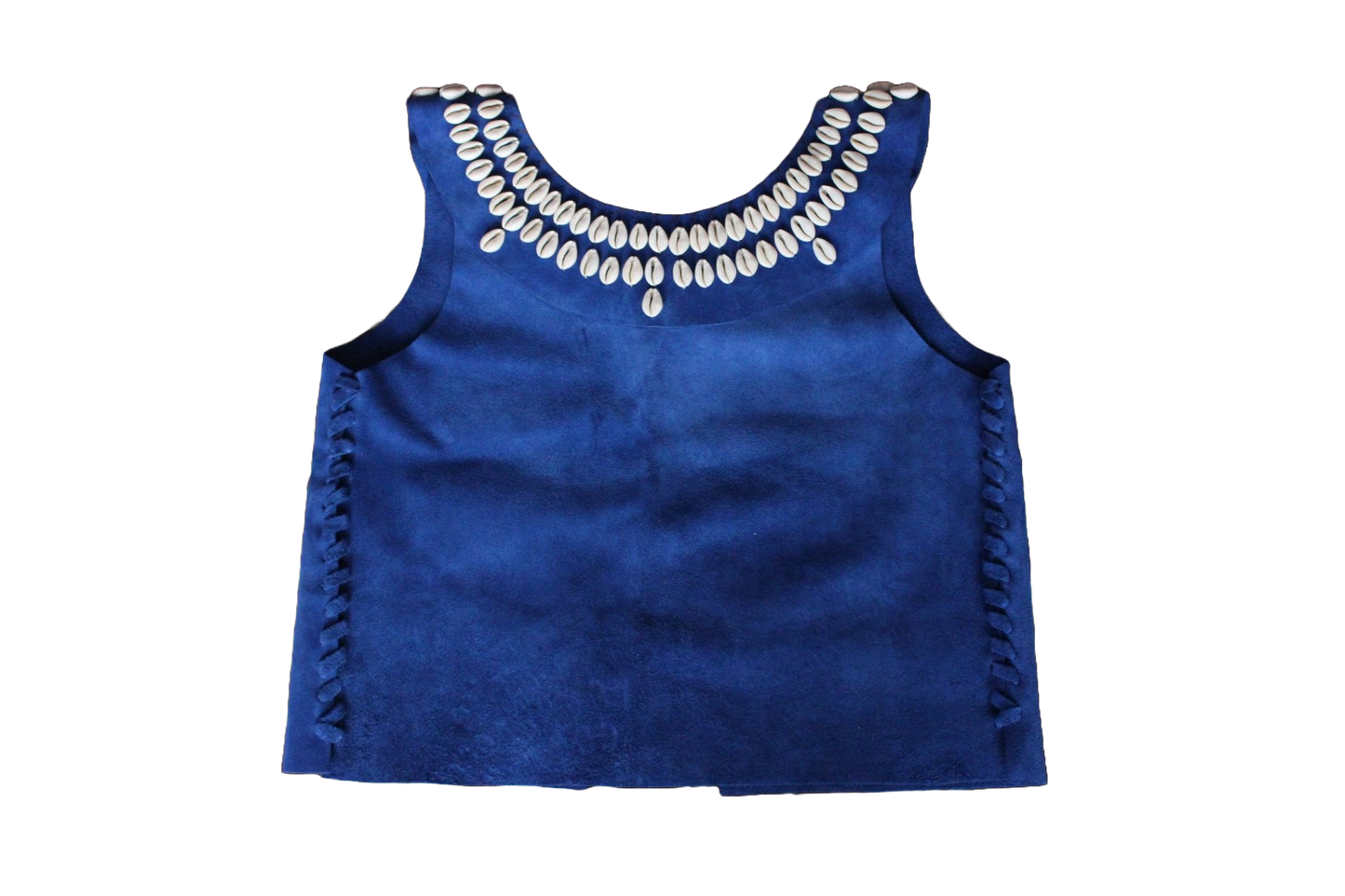 Front view of royal blue leather and shell top