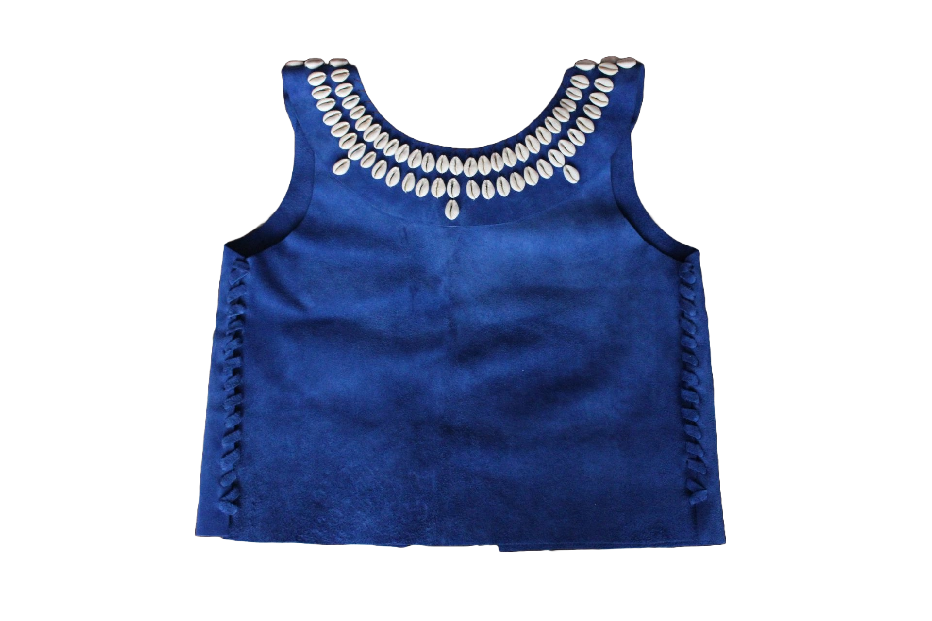 Front view of royal blue leather and shell top