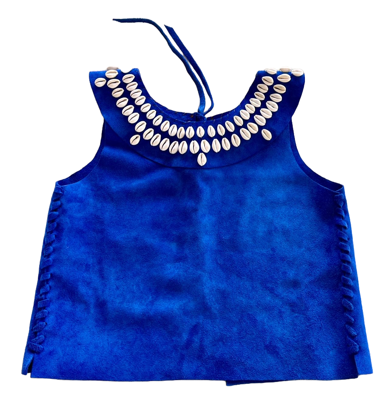 Front view of royal blue leather and shell top