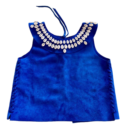 Front view of royal blue leather and shell top