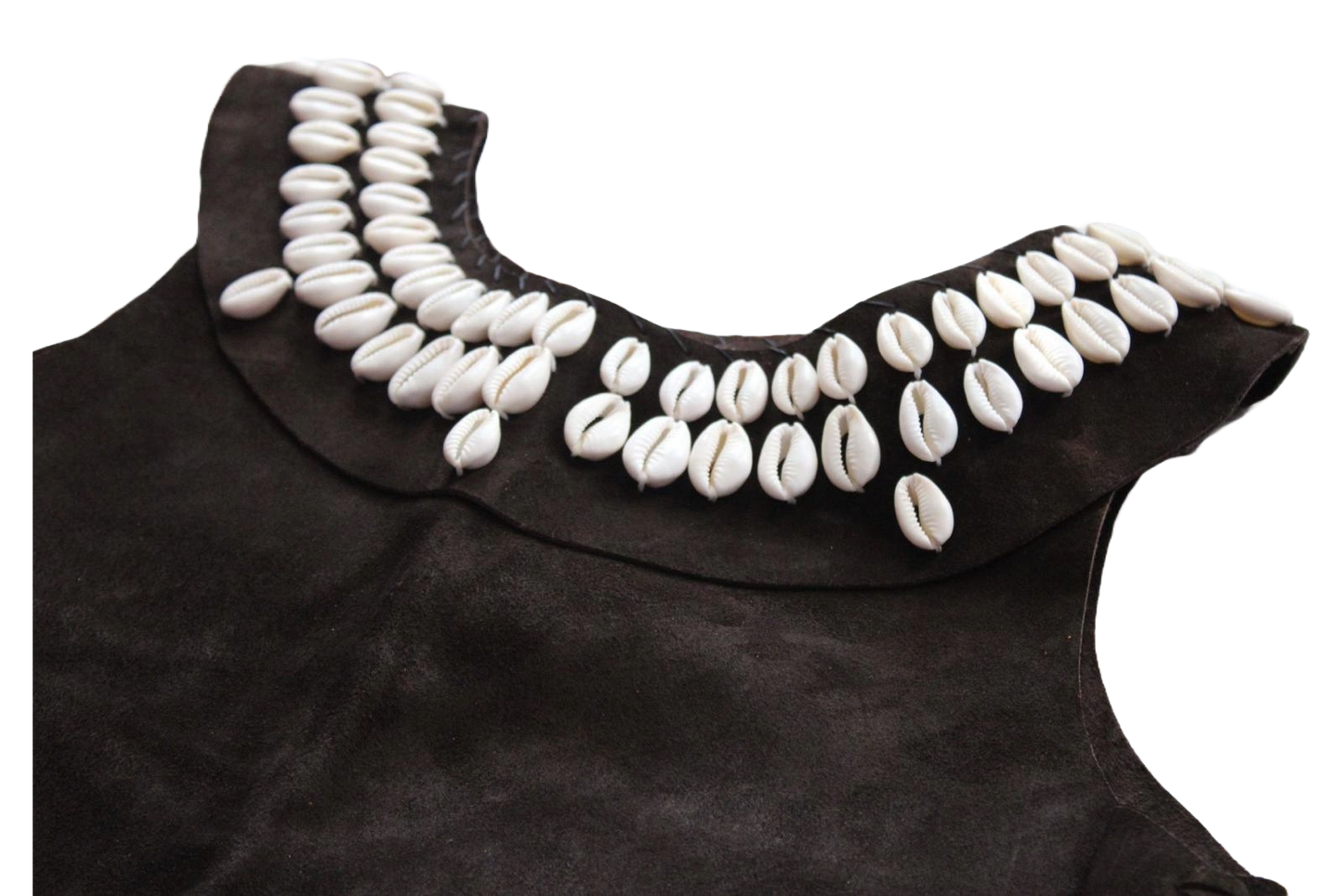 Close-up of shell decorations on dark brown leather top