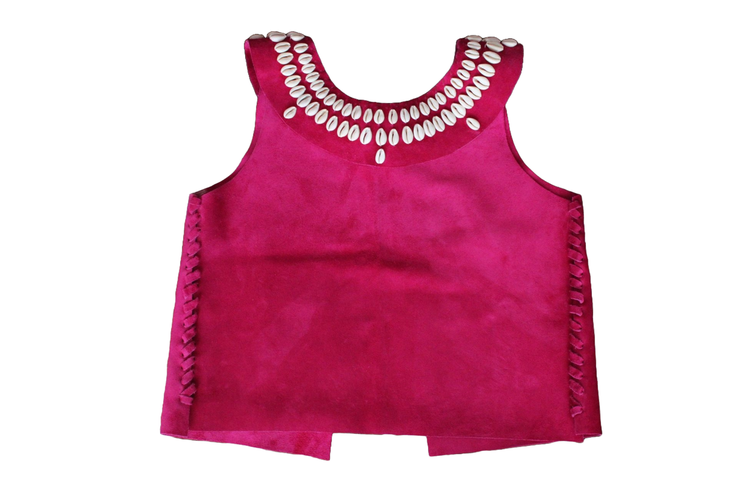 Front view of pink leather and shell top