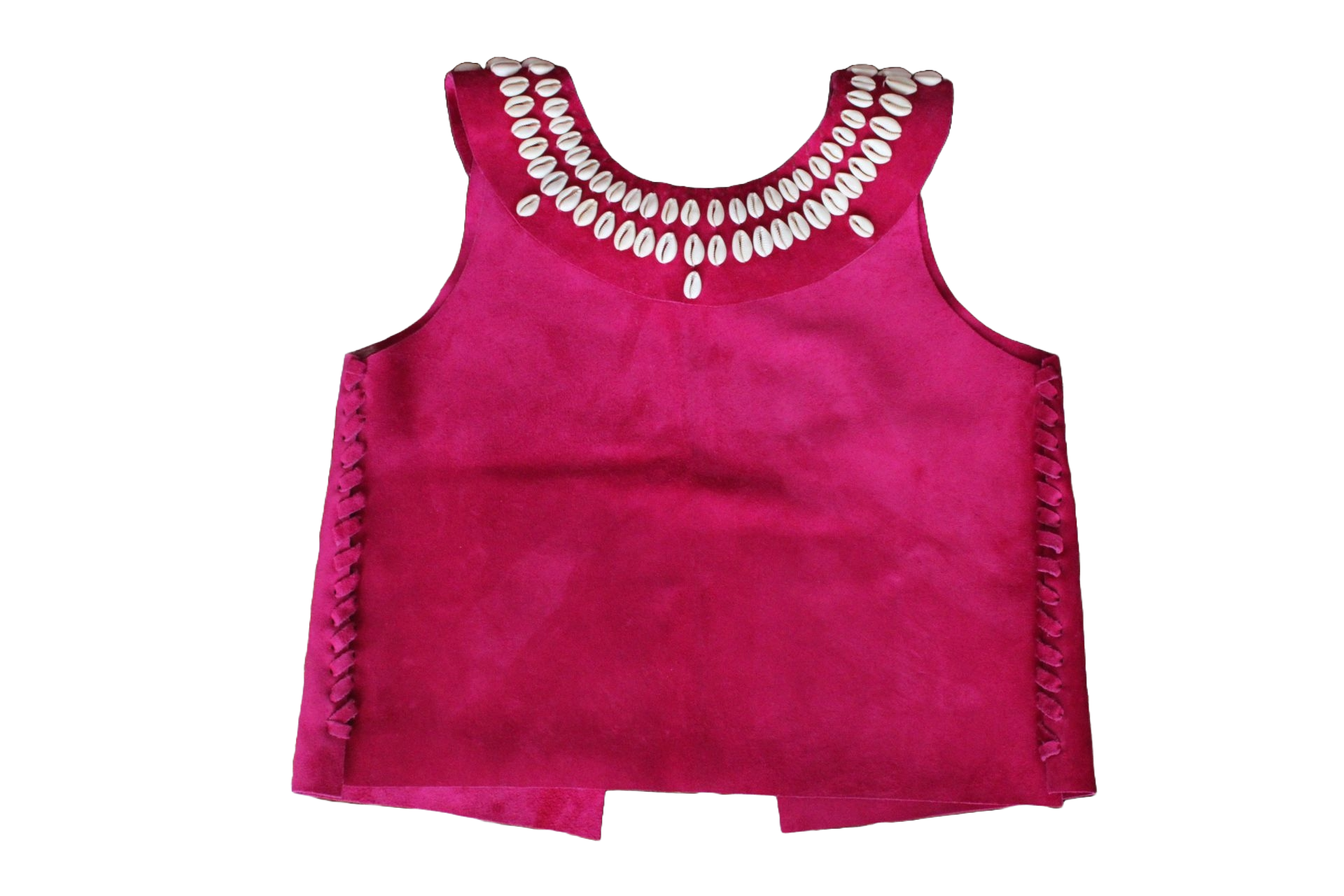 Front view of pink leather and shell top